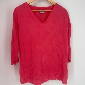 Cottonseed Made In USA  Embroidered Palm‎ Tree Starfish Cotton Top Pink Nature
